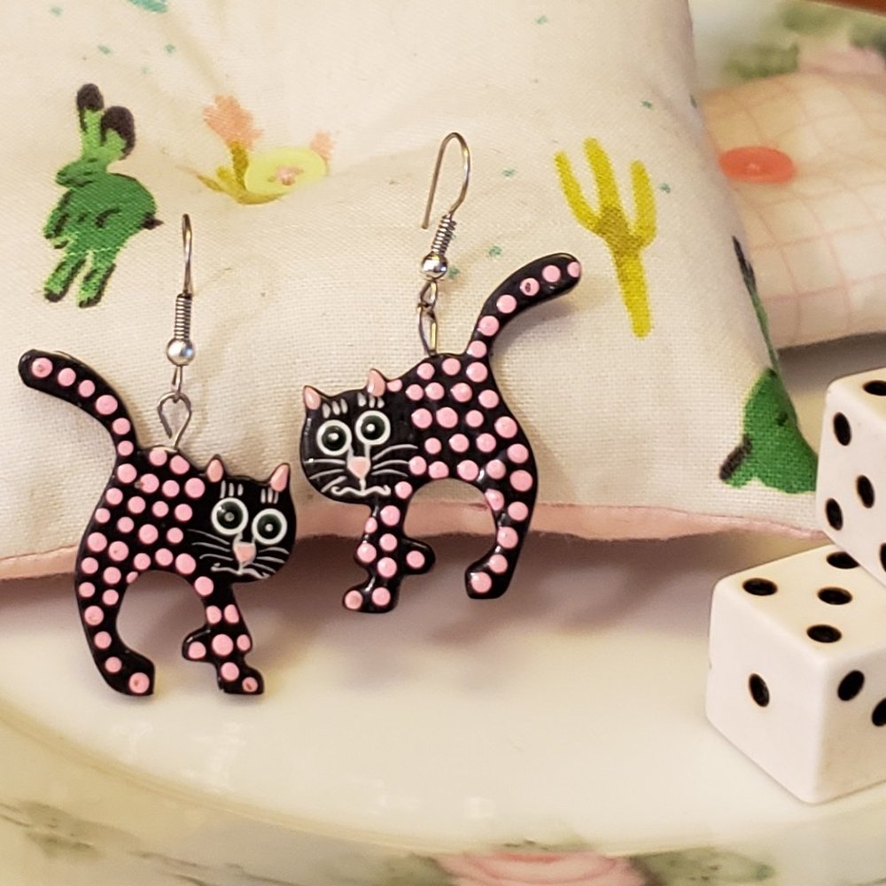 Vintage 90s Polka-Dot Black Cat Earrings